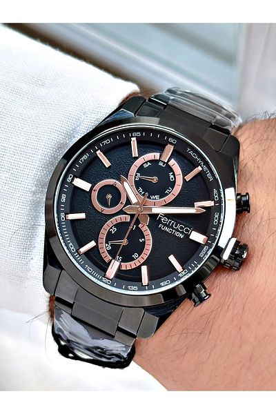 Ferrucci Black Color Steel Strap Stylish Design Functions Active Men's Wristwatch + BRACELET WITH GIFT