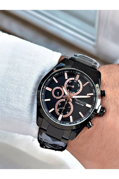 Ferrucci Black Color Steel Strap Stylish Design Functions Active Men's Wristwatch + BRACELET WITH GIFT