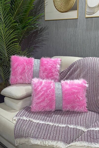 Paris Life Pelüş Şeritli Kırlent Kılıfı Dikdörtgen - Pembe