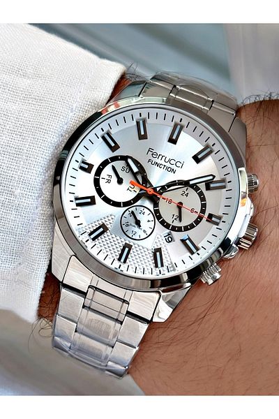 Ferrucci Silver Color Functions Active Steel Strap Sports Men's Wristwatch + BRACELET WITH GIFT
