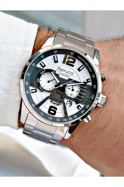 Ferrucci Silver Color Sports Model Steel Strap Functional Original Men's Wristwatch + BRACELET WITH GIFT