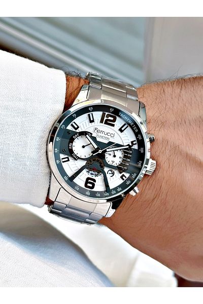 Ferrucci Silver Color Sports Model Steel Strap Functional Original Men's Wristwatch + BRACELET WITH GIFT