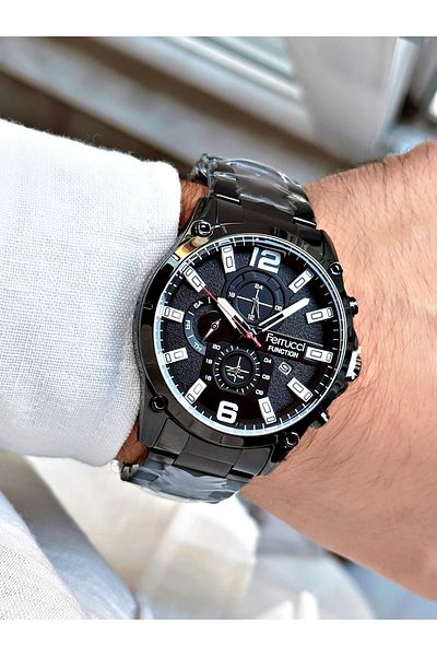 Ferrucci Black Silver Color Functions Active Sports Steel Strap Men's Wristwatch + BRACELET WITH GIFT