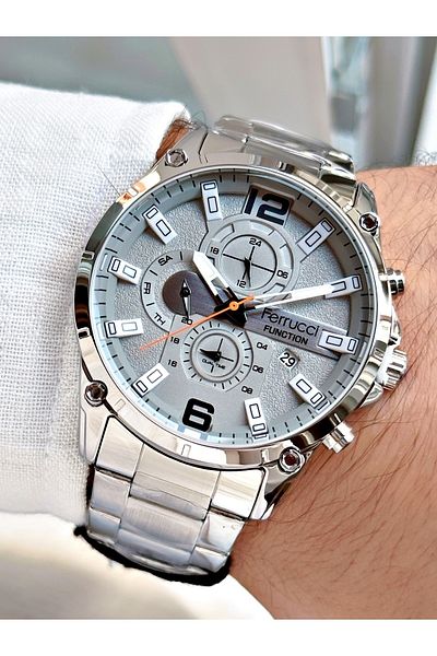 Ferrucci Silver Silver Color Functions Active Sports Steel Strap Men's Wristwatch + BRACELET WITH GIFT