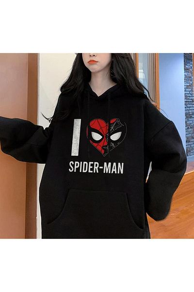Touz Moda dompuleri fashion I Love Spider-Man με στάμπα μαύρο φούτερ με κουκούλα Unisex
