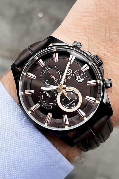 Bigotti Real Leather Men's Wristwatch 5 ATM Waterproof Brown + Bracelet BME2007C3