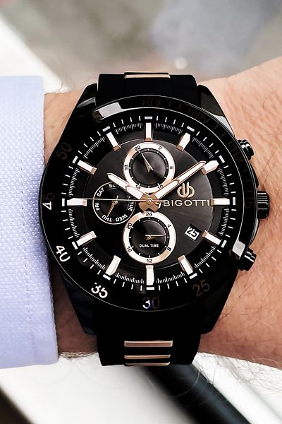 Bigotti Silicone Band Men's Wristwatch 5 ATM Waterproof Black Color + Bracelet BME2008C3