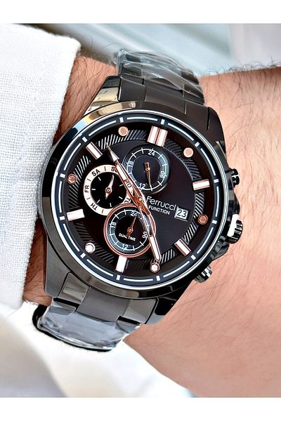Ferrucci Black Color Classic Model Functions Active Steel Strap Original Men's Wristwatch + BRACELET WITH GIFT