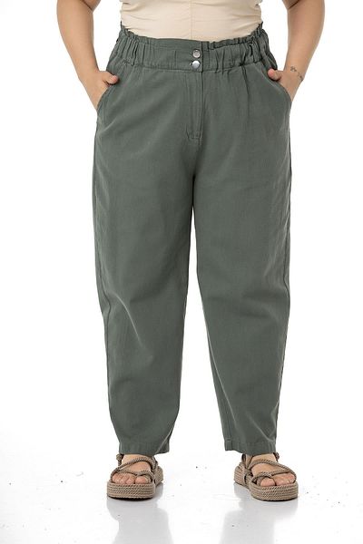 DISENTIS MODEST Large Size High Waisted Gabardine Khaki Trousers with Ruffle Detail on the Waist
