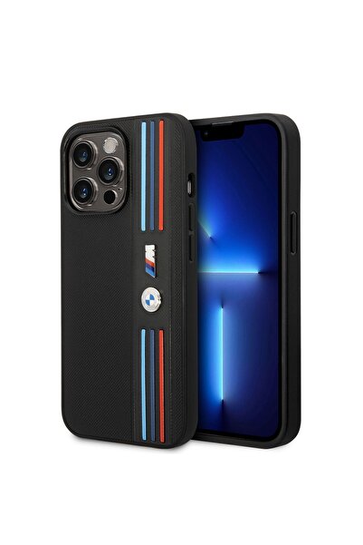 BMW Iphone 14 Pro Max Uyumlu Orjinal Lisanslı Ürün Kılıf Pu Deri Çizgili Örgü Dizayn Kapak