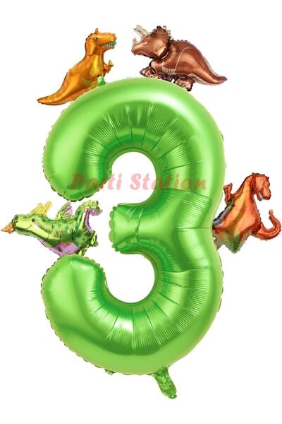 Parti Station Dinozor Konsept Yeşil Rakam 3 Yaş Balon Yeşil Renk Dinazor Yaş Balon Uçan Helyum Sayı Balon
