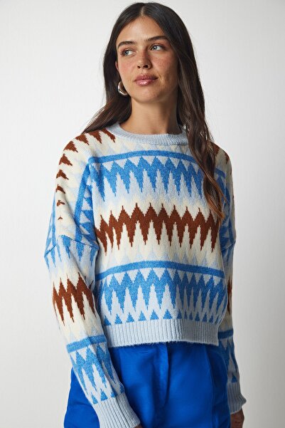 Happiness İstanbul Dámsky modrý vzorovaný pletený sveter bv00107