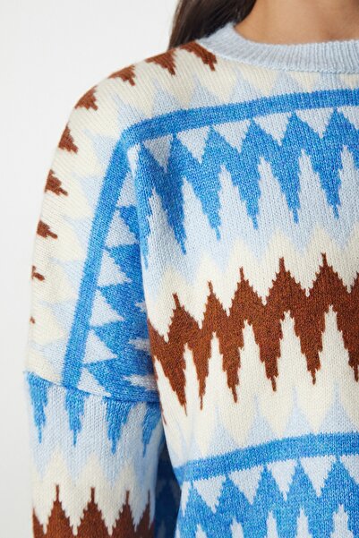 Happiness İstanbul Dámsky modrý vzorovaný pletený sveter bv00107