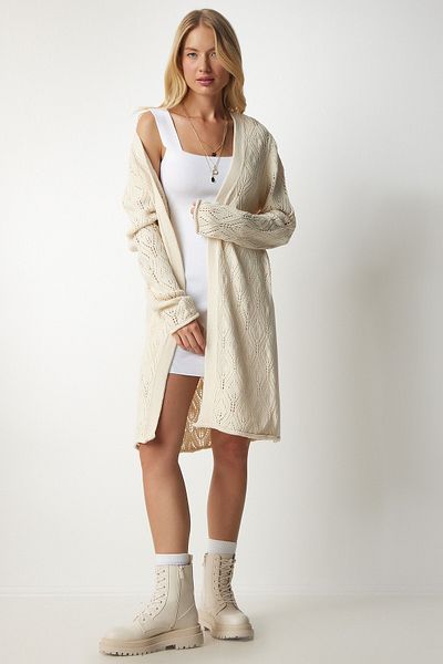 Happiness İstanbul Cremefarbene, lange Strickjacke mit Rundhalsausschnitt für Damen, MX00136