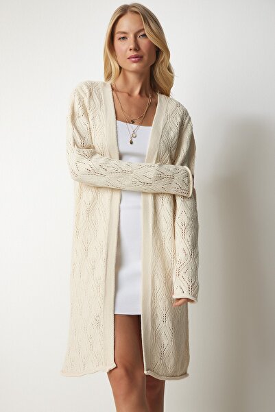 Happiness İstanbul Γυναικεία κρεμ κυρτή μακριά πλεκτή ζακέτα MX00136