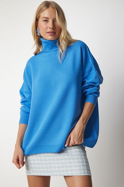 Happiness İstanbul Woman's Blue Turtleneck Oversize Knitwear Sweater MX00133