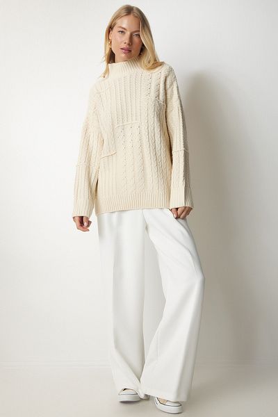 Happiness İstanbul Pulover tricot cu guler cu motiv crem pentru femei MX00132