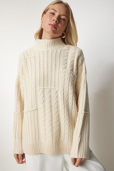 Happiness İstanbul Pulover tricot cu guler cu motiv crem pentru femei MX00132