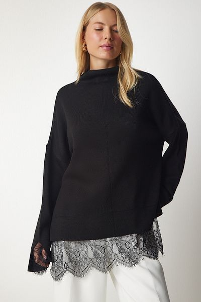 Happiness İstanbul Woman's Black Lace Detailed Knit Sweater YY00165