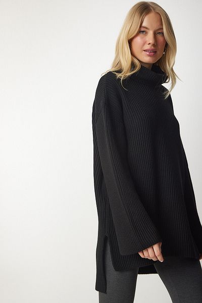 Happiness İstanbul Schwarzer Rollkragenpullover in Übergröße für Damen YY00164