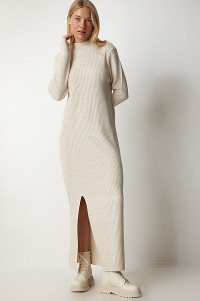 Happiness İstanbul Beigefarbenes langes Strickkleid mit Rollkragen und Schlitz für Damen YY00163