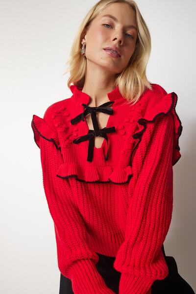 Happiness İstanbul Women's Red Ruffled Bow Collar Knitwear Sweater MT00112
