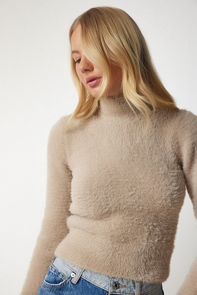 Happiness İstanbul Pulover din tricot cu barbă de damă bej NF00071