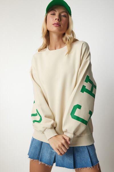 Happiness İstanbul Γυναικείο φούτερ με κρεμ στάμπα υπερμεγέθης HF00440