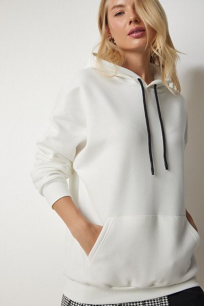 Happiness İstanbul Ecrufarbenes Strick-Sweatshirt mit Kapuze für Damen EW00001