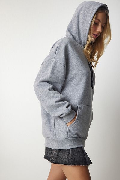 Happiness İstanbul Graues Strick-Sweatshirt mit Kapuze für Damen EW00001