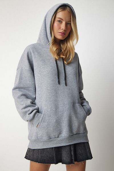 Happiness İstanbul Graues Strick-Sweatshirt mit Kapuze für Damen EW00001