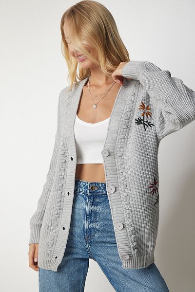 Happiness İstanbul Women's Gray Floral Embroidered Textured Knitwear Cardigan KG00002
