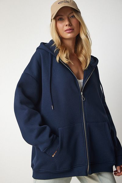 Happiness İstanbul Damska bluza oversize w kolorze granatowym, zapinana na zamek UB00124