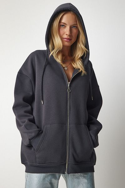 Happiness İstanbul Anthrazitfarbenes Oversize-Sweatshirt mit Kapuze und Reißverschluss für Damen UB00124