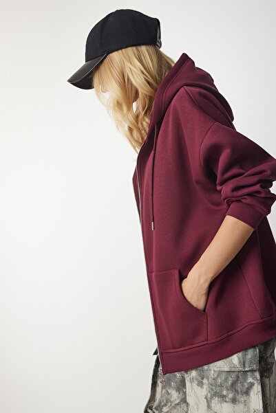 Happiness İstanbul Γυναικείο μπλουζάκι με φερμουάρ, μπορντό, υπερμεγέθη UB00124