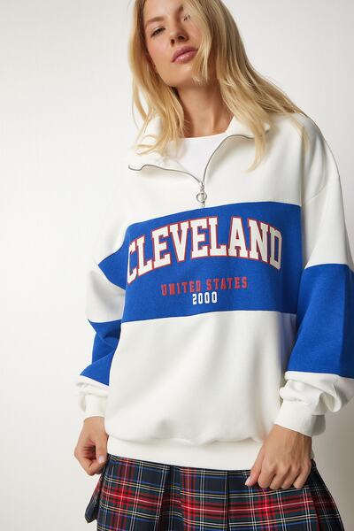 Happiness İstanbul Γυναικείο φούτερ με στάμπα σε λευκό μπλε χρώμα, υπερμεγέθη HF00439