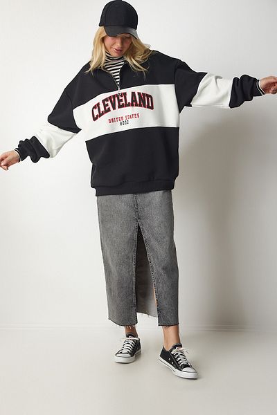 Happiness İstanbul Übergroßes Sweatshirt mit Farbblock-Print in Schwarz und Weiß für Damen HF00439