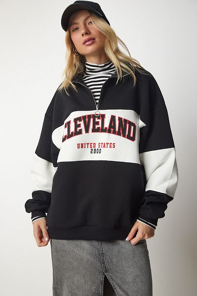 Happiness İstanbul Übergroßes Sweatshirt mit Farbblock-Print in Schwarz und Weiß für Damen HF00439