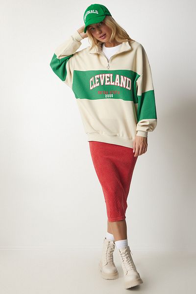 Happiness İstanbul Cremegrünes Oversize-Sweatshirt mit Farbblock-Print für Damen HF00439
