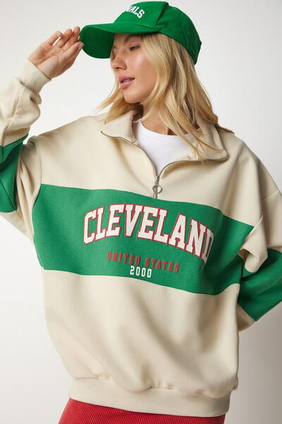 Happiness İstanbul Γυναικείο φούτερ με στάμπα πράσινου χρώματος, υπερμεγέθη, HF00439