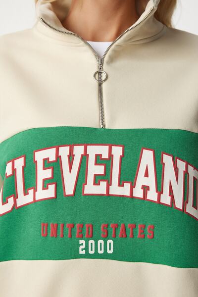 Happiness İstanbul Γυναικείο φούτερ με στάμπα πράσινου χρώματος, υπερμεγέθη, HF00439