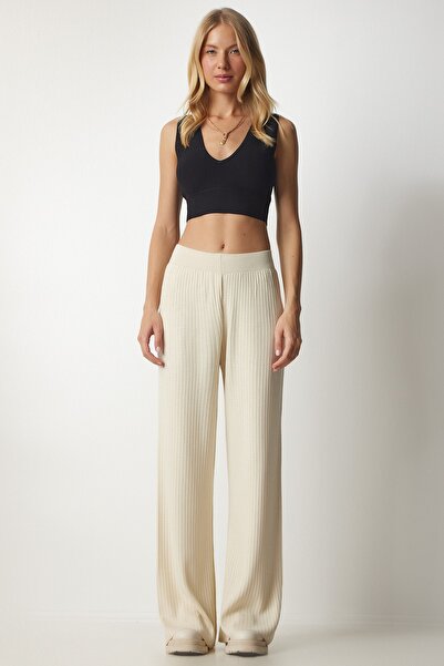 Happiness İstanbul Kadın Krem Fitilli Triko Pantolon Kİ00096