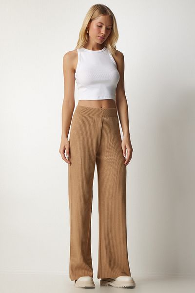 Happiness İstanbul Women's Biscuit Ribbed Knitwear Trousers Kİ00096