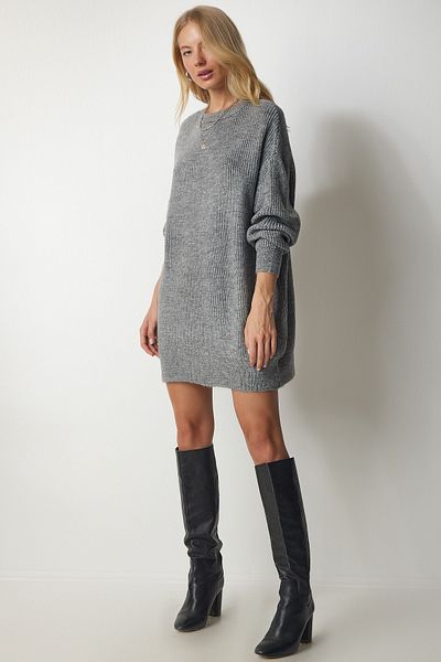 Happiness İstanbul Women's Gray Oversize Long Basic Knitwear Sweater BV00099
