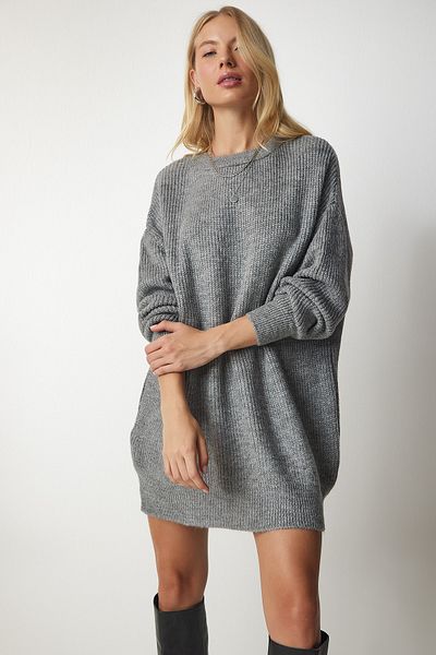 Happiness İstanbul Women's Gray Oversize Long Basic Knitwear Sweater BV00099