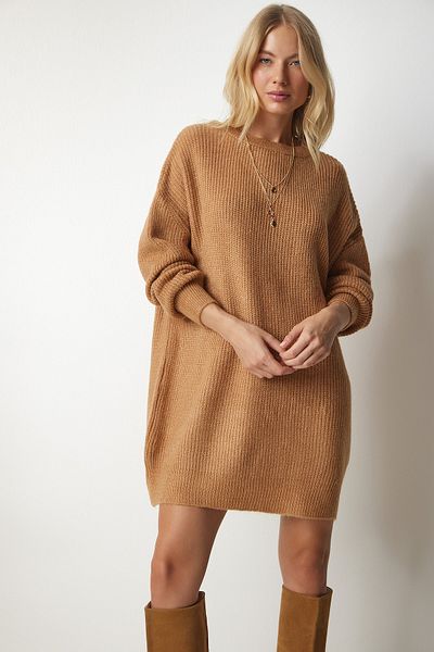 Happiness İstanbul Damen-Sweatshirt „Biscuit“ in Übergröße, lang, Basic-Strick, BV00099