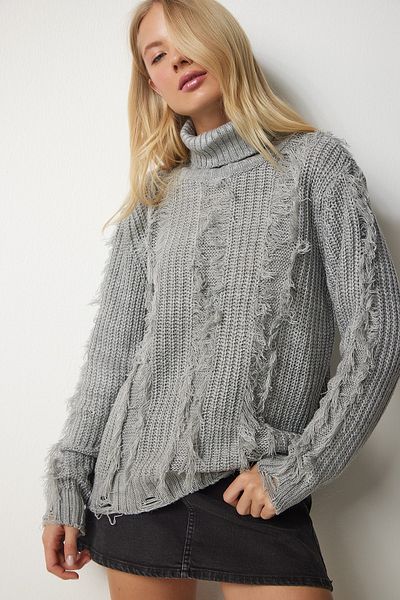 Happiness İstanbul Woman's Gray Tassel and Ripped Detailed Knitwear Sweater KI00099