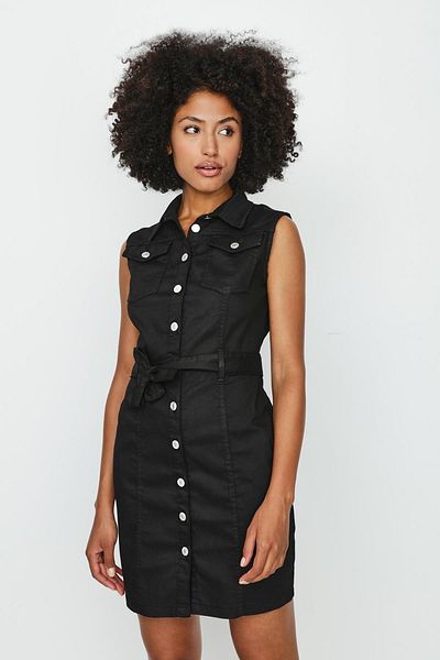Select Moda Rochie de damă neagră cu nasturi mini din denim cu curea