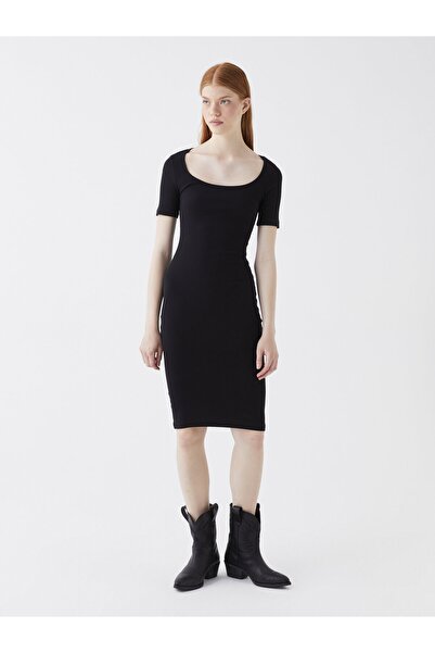 LC Waikiki Women's Dress - U Collar, Straight Cut, Short Sleeve