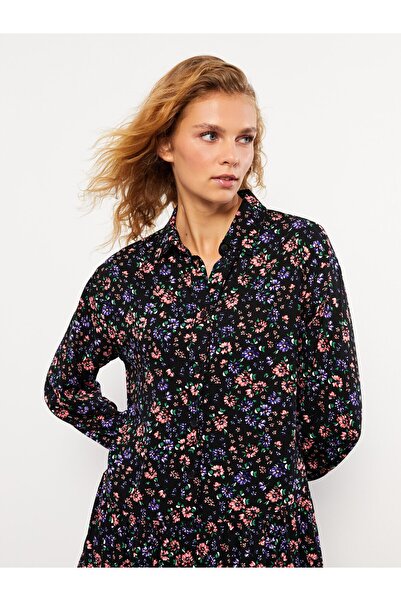 LC Waikiki Viscose Patterned Shirt Collar Long Sleeve Women's Dress